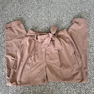 Athleta Cardiff pant in Rustic Beige light brown trousers with bow tie waist